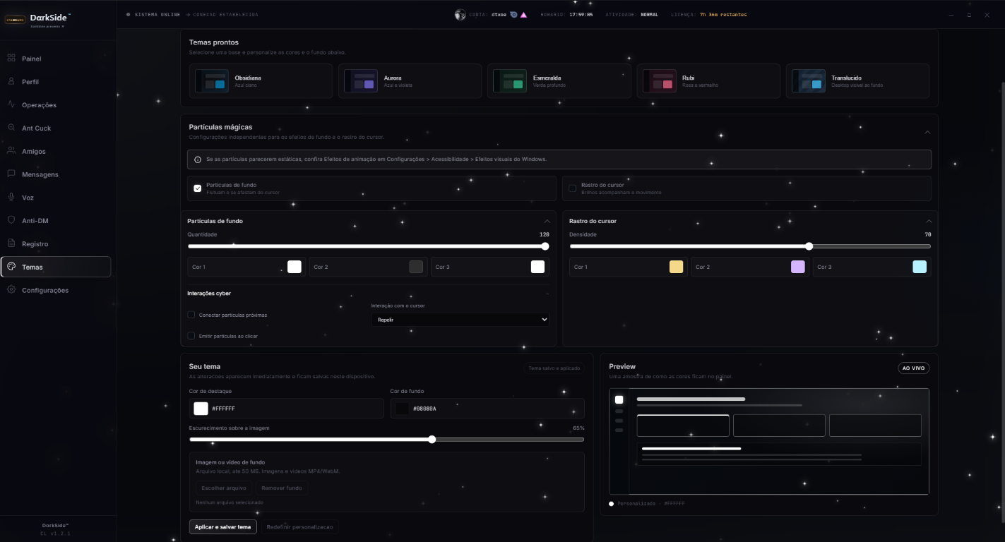 Tela de temas da DarkSide™ Tools, com opções de aparência e efeitos visuais.